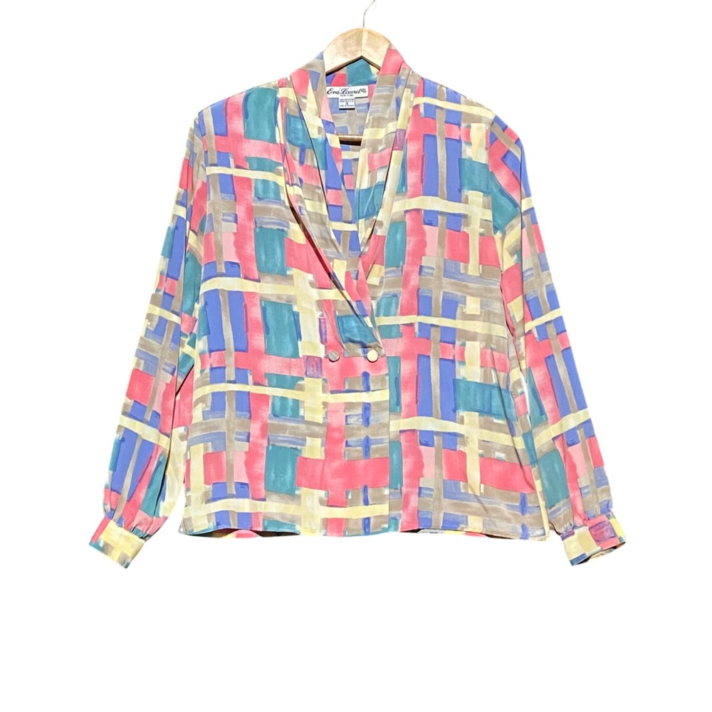 Eva Laurel Vintage 80s Abstract Geometric Blouse Pink Blue Pastel Sz‎ 4 USA Made